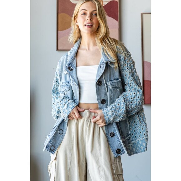 Oli & Hali Washed Contrast Sleeve Denim Button Down Jacket NWOT Size Large - Picture 1 of 9